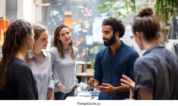 Diverse Team Members Collaborate and Discuss Ideas in Creative Office Workspace