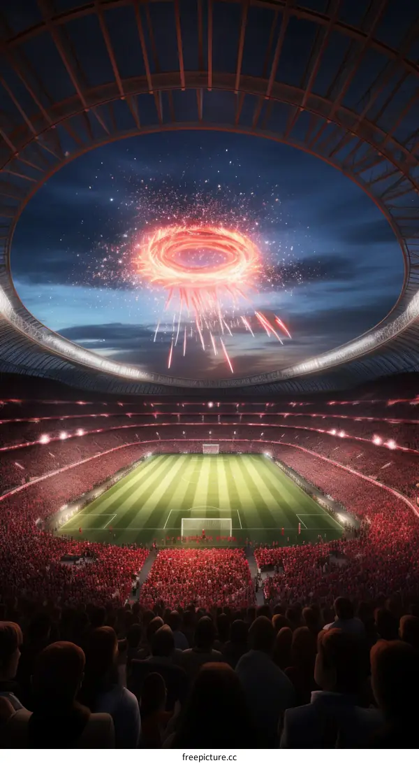 spectacular fireworks light up the night sky above a packed football stadium