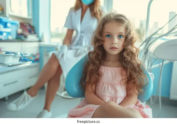 Little girl sitting in a dentist chair with a dentist in the background