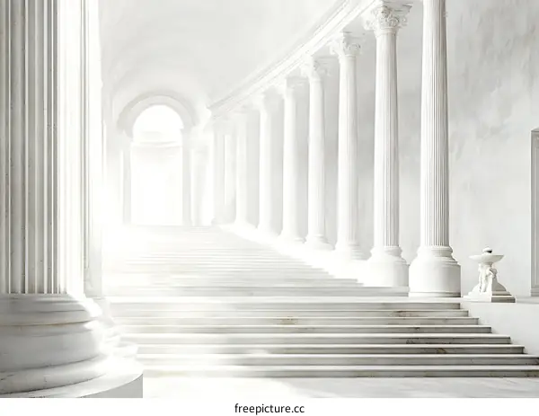 White Marble Columns and Staircase Leading to Bright Light