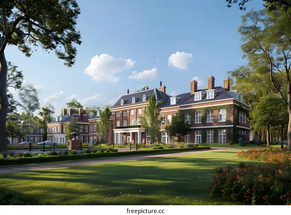 Stately Brick Estate Surrounded by Lush Greenery