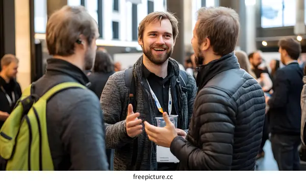 Three Men Talking at a Conference