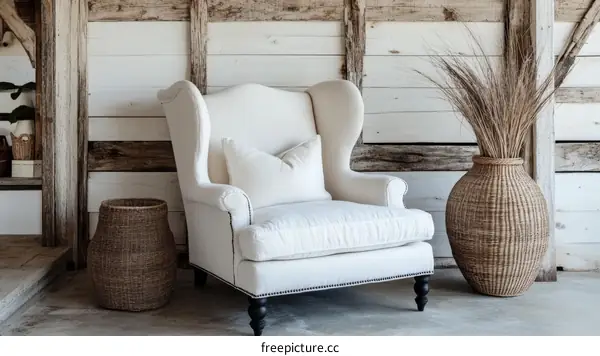Rustic Farmhouse Living Room with Wingback Chair