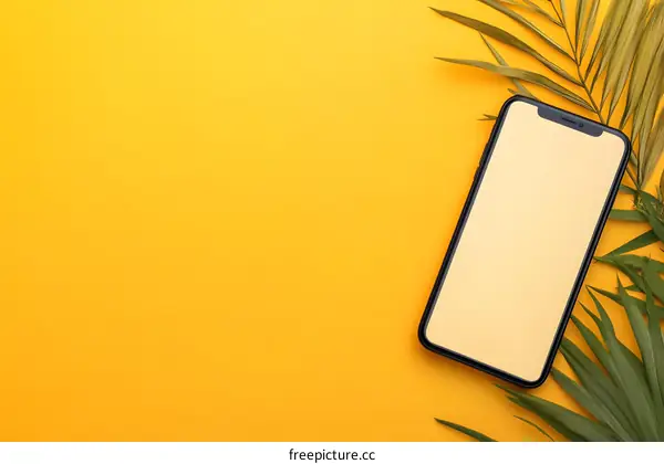 Yellow Background With Phone And Palm Leaves