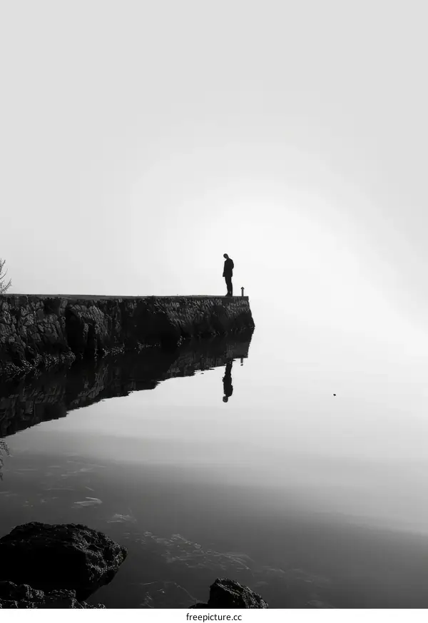 Man standing alone on a pier in the middle of a lake with a foggy background