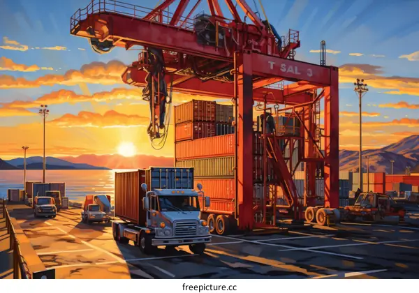 Container ship in the harbor at sunset