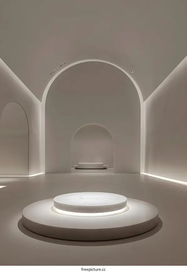 Minimalist White Room with Circular Platform and Arched Doorways