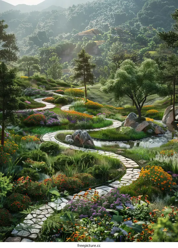 Mesmerizing Stone Pathway through a Verdant Garden Oasis