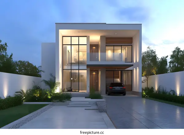 Modern Minimalist Two Story House with Large Windows and a Car in the Driveway