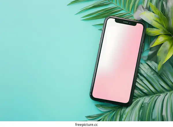 Summer Phone Mockup with Palm Leaves on Blue Background