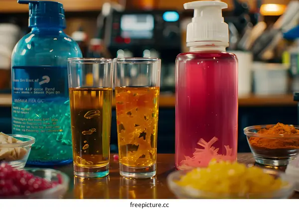 Close Up of Two Glass Shots Filled with Orange and Yellow Gummy Bears with Bottles of Hand Sanitizer in Background