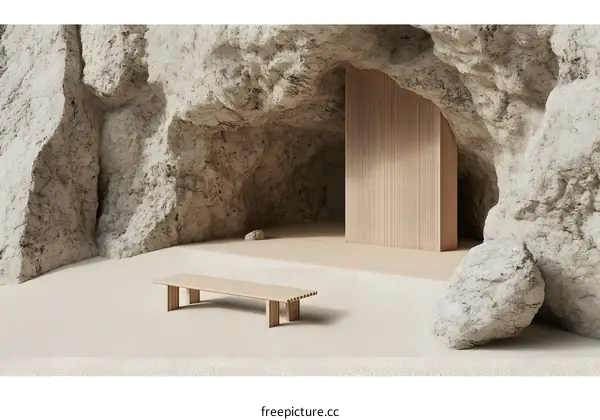 Minimalist Cave Design With Wooden Bench