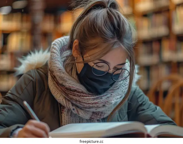 A student wearing a mask is studying in the library
