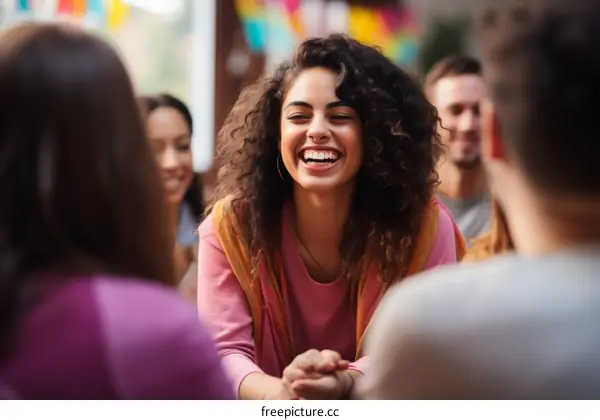 Laughing woman with friends in the background