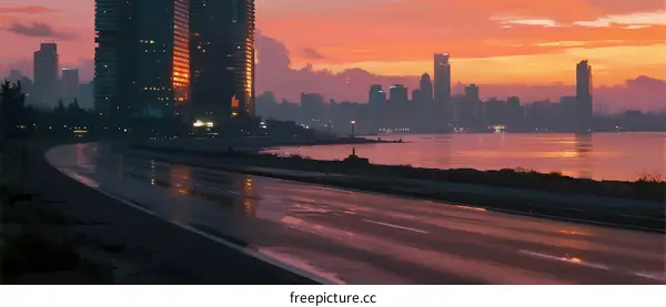 Sunset over a city with a road by the water