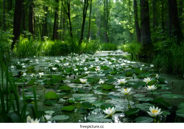 Serene Water Lily Pond in a Lush Forest