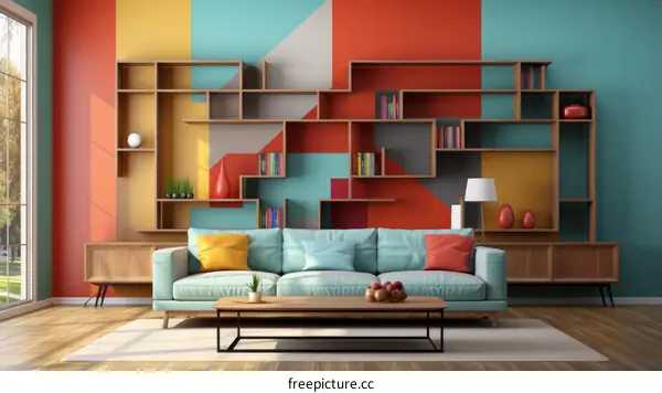 Modern Living Room with Colorful Wall and Blue Sofa