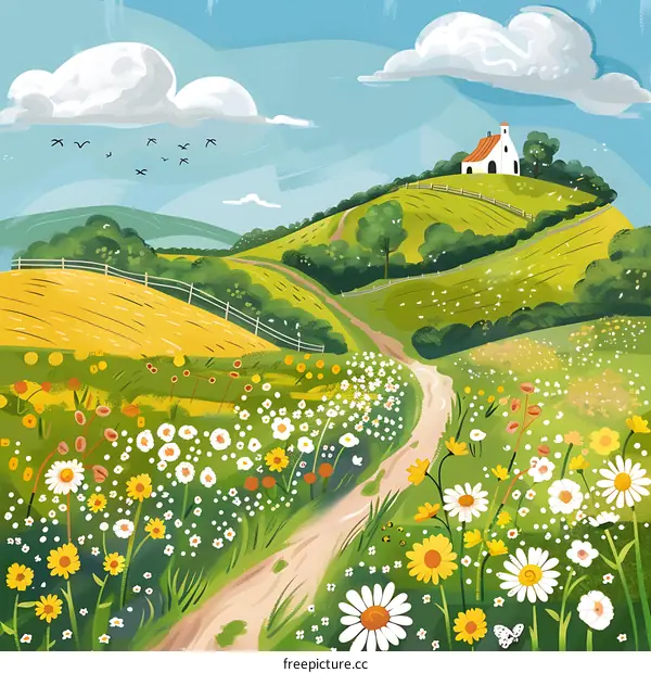 Illustrated Landscape with a Small House on a Hill and a Path Leading Through a Field of Flowers