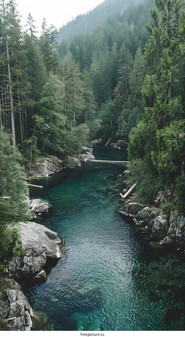 Tranquil Green River Water Through Lush Forest