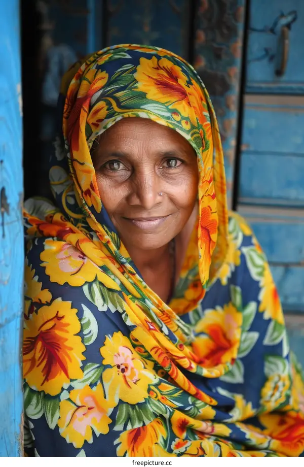 Smiling Indian Woman in Yellow and Blue Floral Scarf