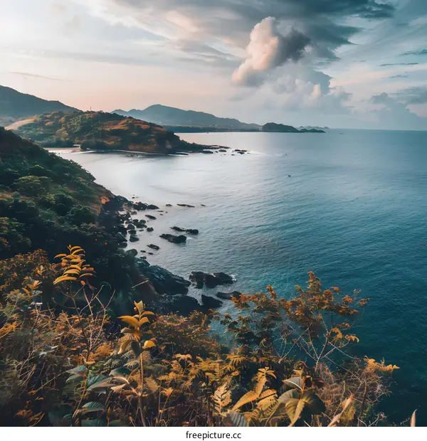 Sea Coast Landscape with Mountain and Clouds