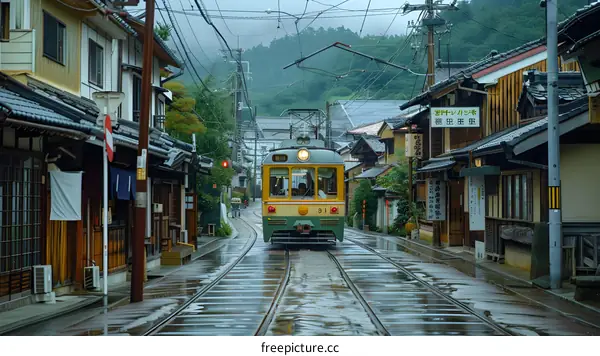 Vintage Train on a Rainy Day in Japan