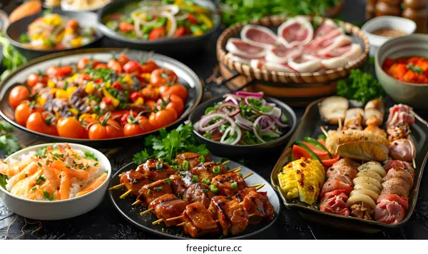 Assortment of grilled meat and vegetables on skewers