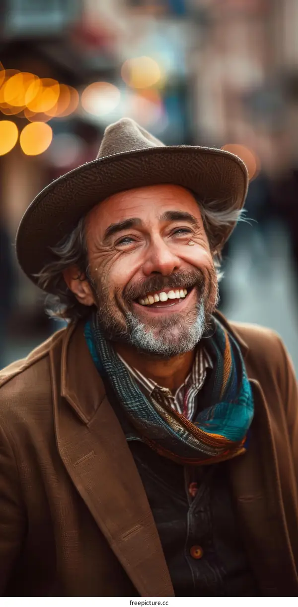 Smiling Man in a Brown Hat and Scarf Outdoor Portrait