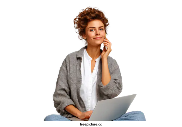 [Transparent Background PNG]Woman Working on Laptop in Casual Wear