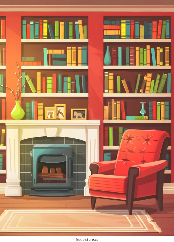Cozy Living Room with Fireplace and Bookshelves