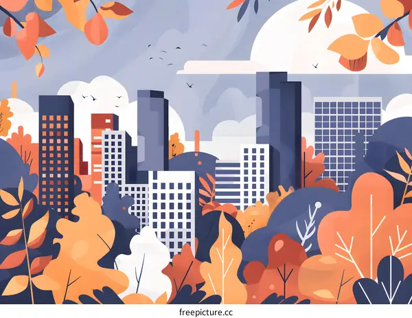 Autumn Cityscape with Buildings and Trees