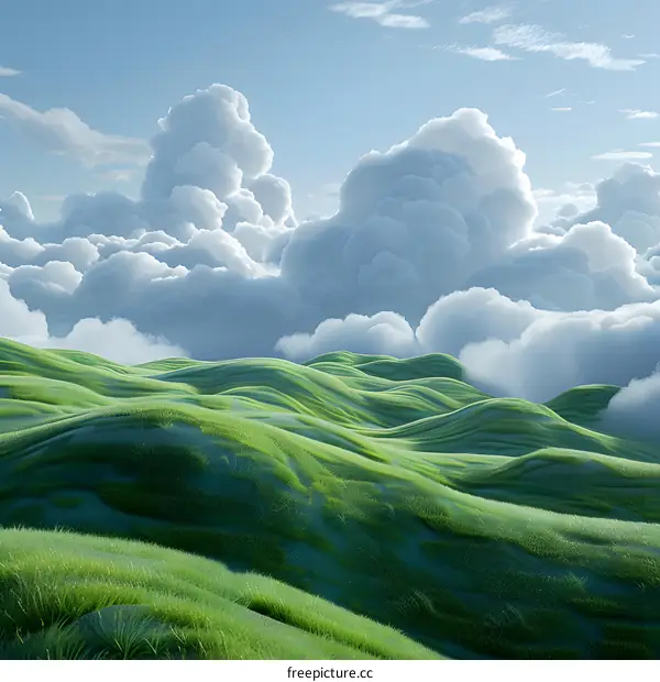 Green rolling hills under a blue sky with white clouds