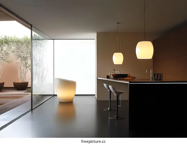 Modern Kitchen Interior Design With White Pendant Lights