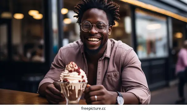 A young African-American man is eating a dessert at a restaurant.