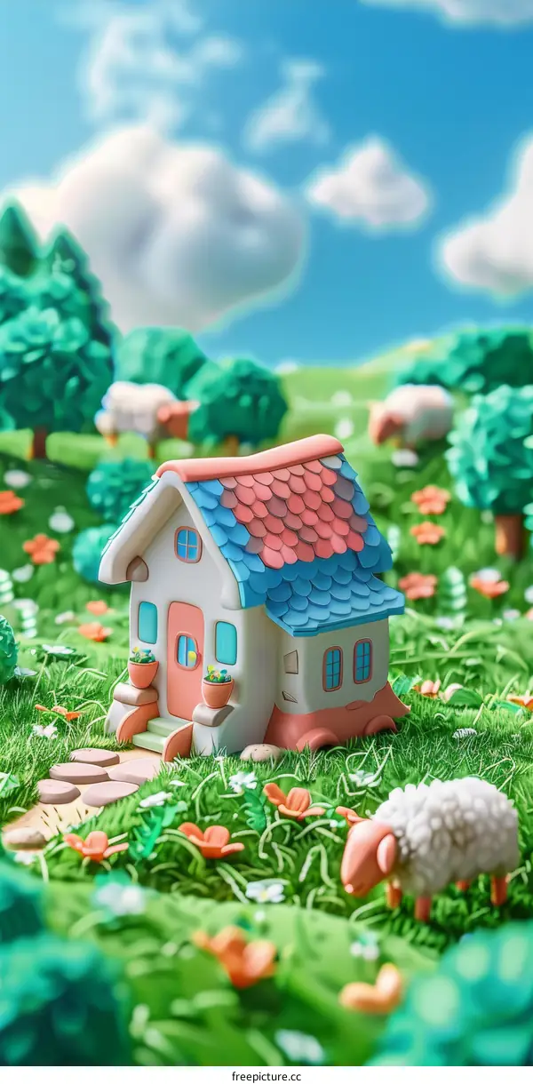3D rendering of a cartoon house in a grassy field