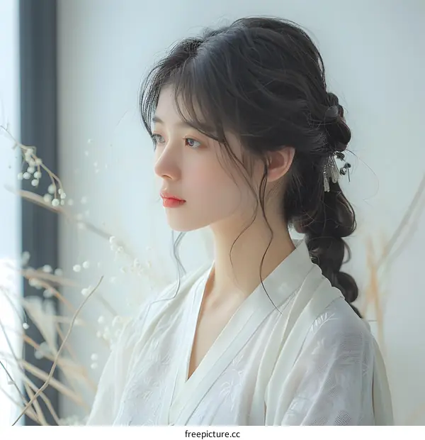 A beautiful Asian woman in a white dress is looking out the window