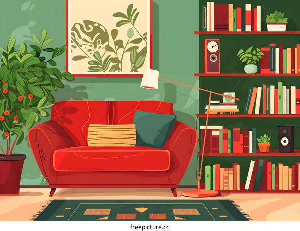 Cozy Living Room Interior Design with Red Sofa, Bookshelf and Plants