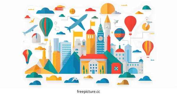 Colorful Cityscape Illustration with Hot Air Balloons and Planes