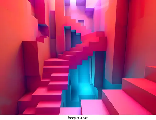 Abstract 3D Neon Pink and Blue Stairway in a Geometric Room