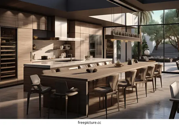 Modern minimalist kitchen and dining room with large windows