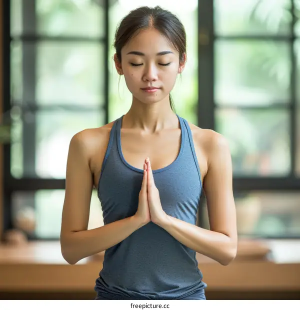 Young Asian woman in sportswear doing yoga indoors