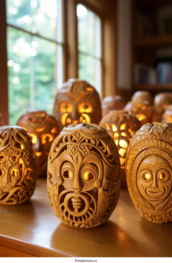 Carved wooden figures with Maori designs
