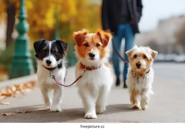 Three Dogs Walking on a Sidewalk in Autumn