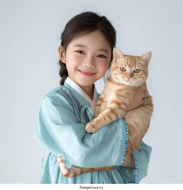 A young girl in a blue dress is holding an orange cat.