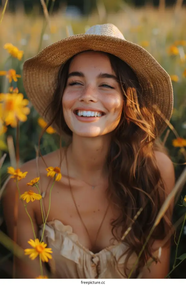 Smiling Woman in a Field of Flowers