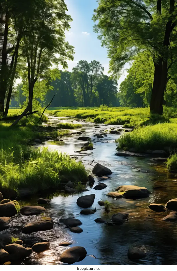 Serene Sunlight Through Lush Forest with Babbling Brook