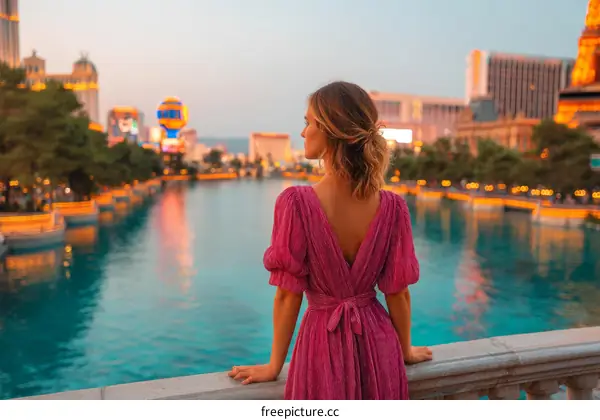 Woman in Pink Dress by the Las Vegas Fountains