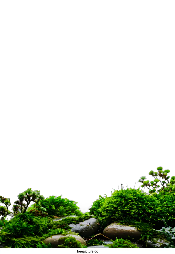 [Transparent Background PNG]Green Moss and Stones on White Background