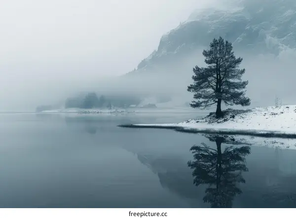 Foggy Mountains and Lake Landscape