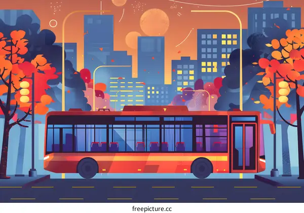 Bus Stop in the City with Autumn Leaves